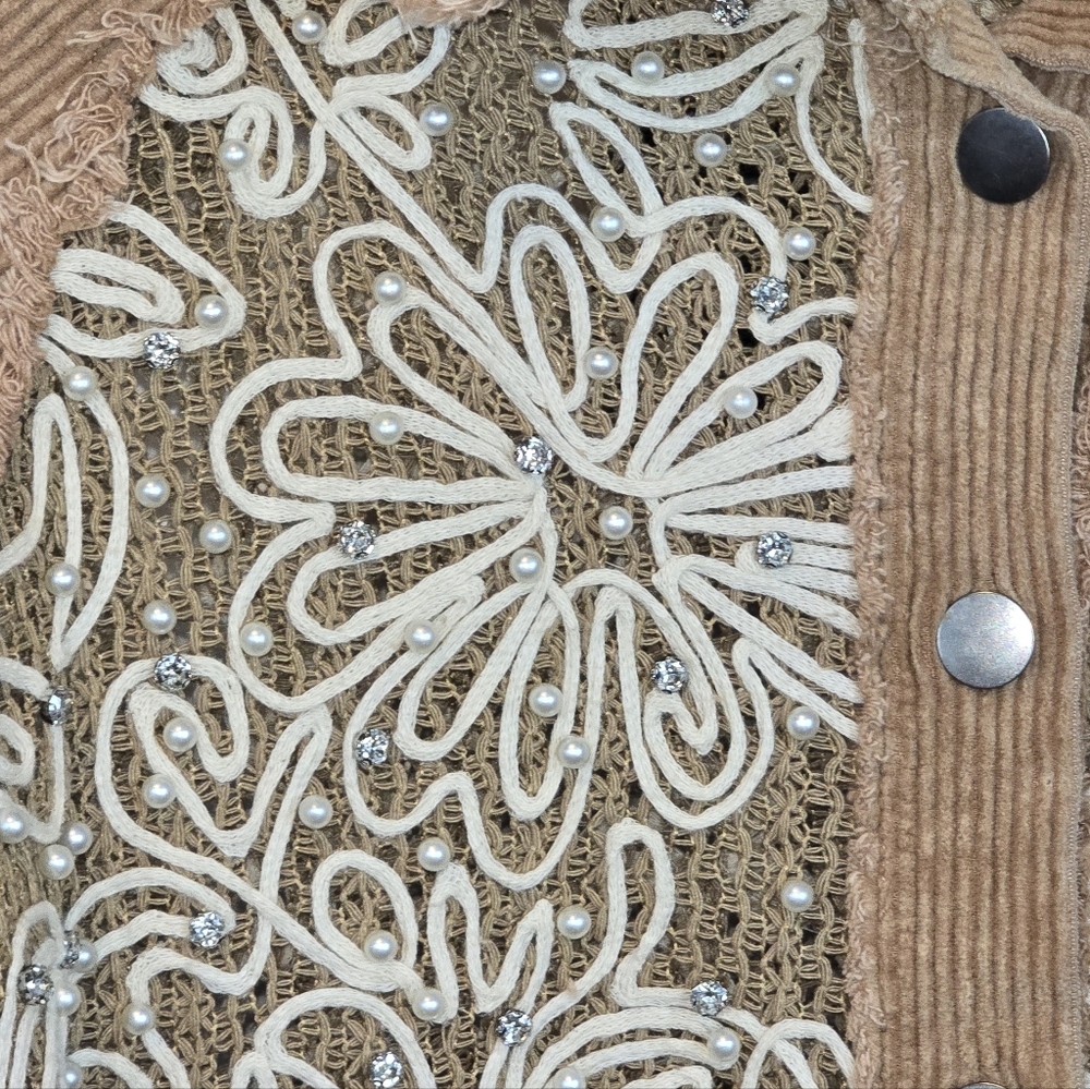POL Tan Corduroy Button-Down Shirt with Cream Lace Detail - Picture 4 of 16
